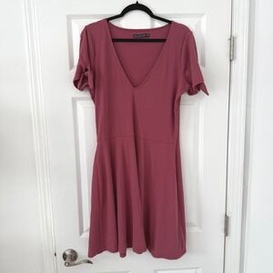 Abercrombie & Fitch XL Ribbed V-Neck Fit and Flare Dress Mauve Casual Tie Sleeve